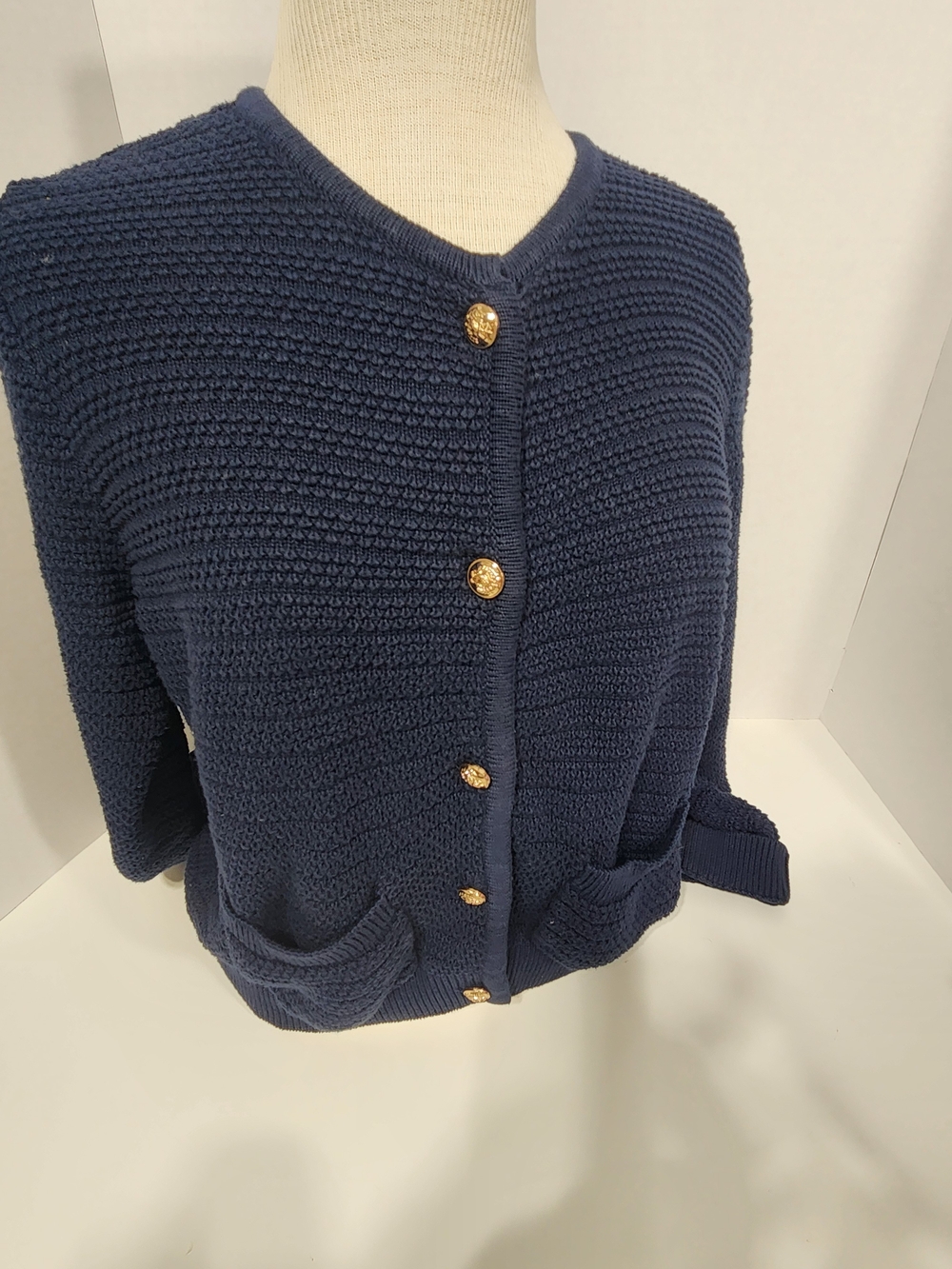 Classic Navy Knit Cardigan with Gold Buttons